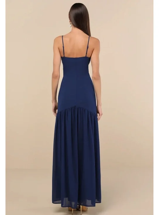 Lulus Auria Navy Blue Chiffon Drop Waist Square Neckline Maxi Dress NWT Small - Picture 2 of 15